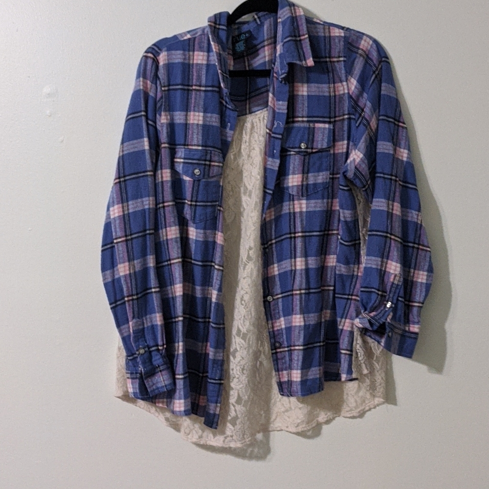 Pretty, mixed material button down top